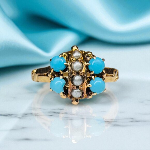 ANTIQUE- 10K Gold Turquoise & Seed Pearl Ring -Sz 6.75- Victorian Western 2.1g - Picture 6 of 16